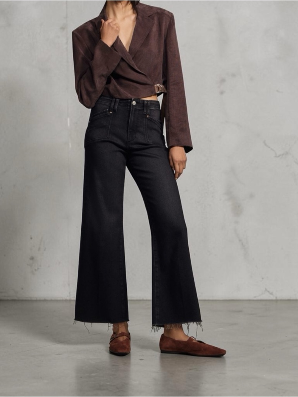 Paige Wide Leg High-Rise Jeans in Dark Gray